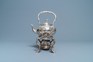 A Chinese silver teapot on stand, Luen Wo, Shanghai, 19th C.