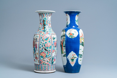 A Chinese famille rose vase and a famille verte powder blue-ground vase, 19th C.