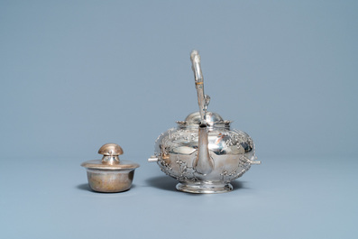 A Chinese silver teapot on stand, Luen Wo, Shanghai, 19th C.