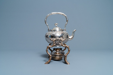 A Chinese silver teapot on stand, Luen Wo, Shanghai, 19th C.