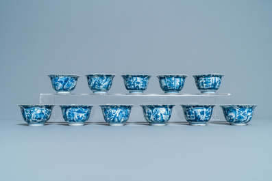 Eleven Chinese blue and white lobed cups and saucers, Kangxi