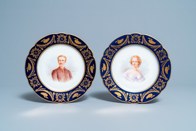 Drie S&egrave;vres borden met portretten van Napoleon III, Eugenie en Louis-Napoleon, Frankrijk, 19e eeuw