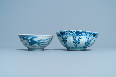 Two Chinese blue and white bowls and a bronze vase, Ming