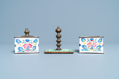 A Chinese Canton enamel inkwell set on stand, Qianlong