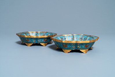 A pair of Chinese cloisonn&eacute; flower-shaped dishes, Qianlong