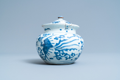 A Chinese blue and white 'phoenix' jar and cover, Wanli