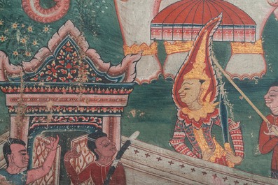 Thaise school, inkt en kleur op doek: 'Twee votieve sc&egrave;nes', 19e eeuw