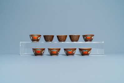 Sixteen Chinese famille rose capucin-ground cups and saucers, Qianlong