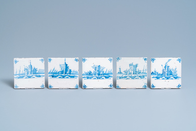 Forty Dutch Delft blue and white 'landscape' tiles, 18th C.