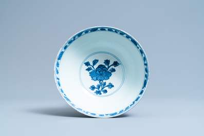 A Chinese blue and white 'Buddhist lion' bowl, Chenghua mark, Jiajing/Wanli
