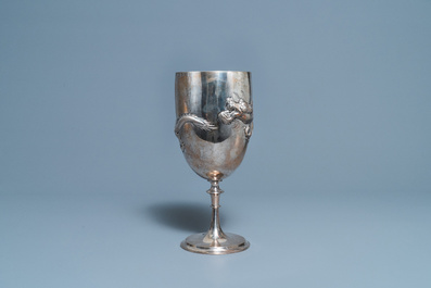 A tall Chinese silver 'dragon' goblet, Wang Hing, Canton, 19th C.