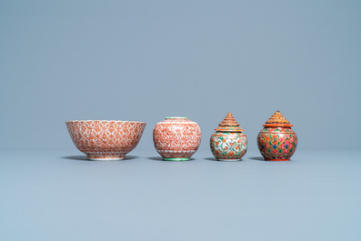 Six Chinese Thai market Bencharong jars and a bowl, 19th C.