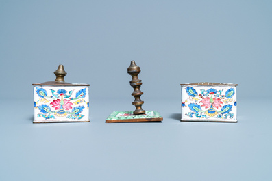 A Chinese Canton enamel inkwell set on stand, Qianlong
