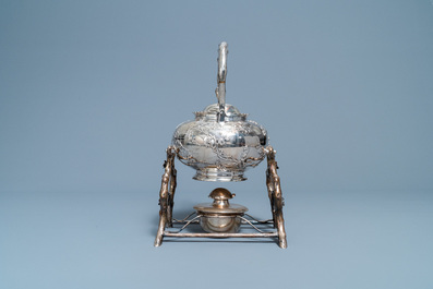 A Chinese silver teapot on stand, Luen Wo, Shanghai, 19th C.