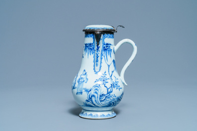 A Chinese blue and white silver-mounted ewer and cover, Yongzheng