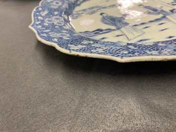 A large oval Chinese blue and white 'Romance of the Western Chamber' dish, Qianlong