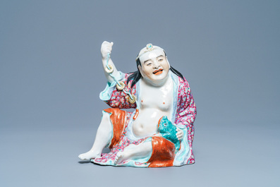A Chinese famille rose figure of Liu Hai with the toad, seal mark, Republic