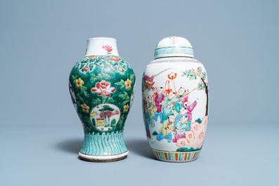 Six Chinese famille rose vases and various wooden stands and covers, 19/20th C.