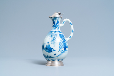 A Chinese blue and white silver-mounted ewer, Transitional period