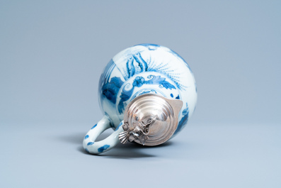 A Chinese blue and white silver-mounted ewer, Transitional period