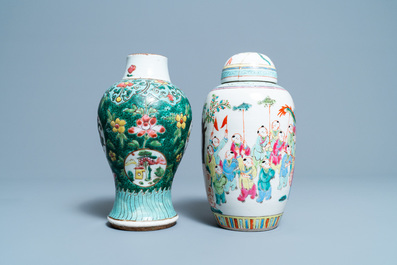 Six Chinese famille rose vases and various wooden stands and covers, 19/20th C.