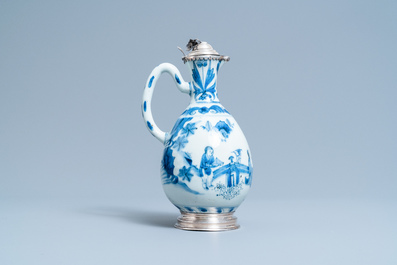 A Chinese blue and white silver-mounted ewer, Transitional period