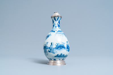 A Chinese blue and white silver-mounted ewer, Transitional period