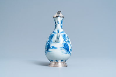 A Chinese blue and white silver-mounted ewer, Transitional period