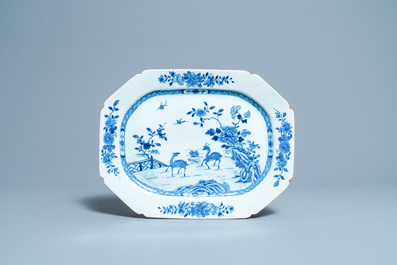 Four Chinese blue and white octagonal 'deer' dishes, Qianlong