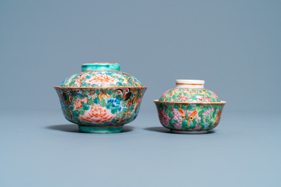 Two Chinese Thai market Bencharong bowls and covers, 19th C.