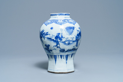 A Chinese blue and white octagonal vase, Transitional period