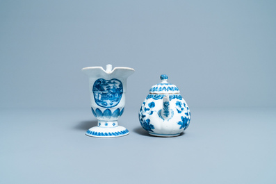 Six Chinese blue and white dishes, a teapot and a helmet-shaped jug, Kangxi and later