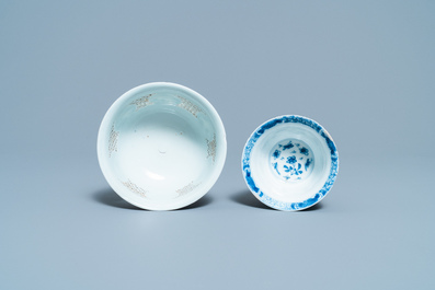 A Chinese blue and white reticulated bowl and a double-walled cup, Transitional period and Kangxi