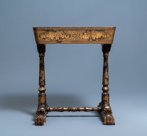 A Chinese parcel-gilt black lacquer sewing table with accessories, Canton, 19th C.