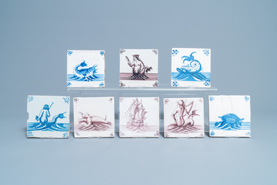 Ten Dutch Delft blue and white and manganese tiles with seacreatures, 17/18th C.