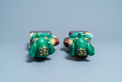 A pair of tall Chinese sancai-glazed biscuit models of Buddhist lions, 19/20th C.