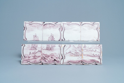Une paire de tableaux de carreaux en fa&iuml;ence de Delft &agrave; d&eacute;cor d'une chasse &agrave; la baleine et une aux cerfs, 18&egrave;me