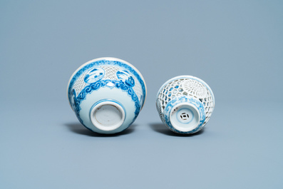 A Chinese blue and white reticulated bowl and a double-walled cup, Transitional period and Kangxi