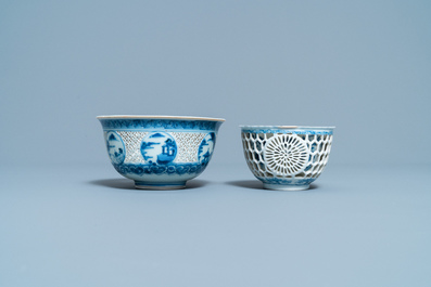 A Chinese blue and white reticulated bowl and a double-walled cup, Transitional period and Kangxi