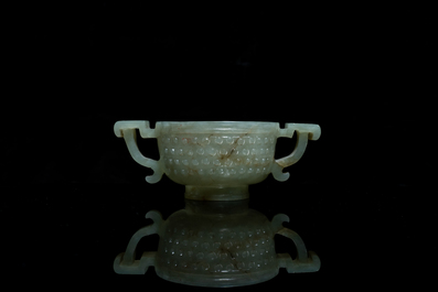 A Chinese jade two-handled libation cup, Ming