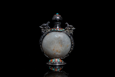 A Chinese jade-, coral- and turquoise-inlaid silver snuff bottle, 19th C.