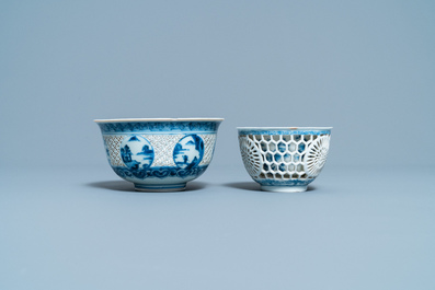 A Chinese blue and white reticulated bowl and a double-walled cup, Transitional period and Kangxi