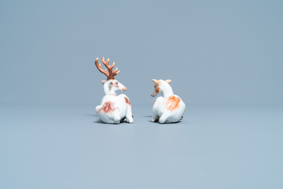 A pair of porcelain models of deer, probably Chelsea, England, 18th C.