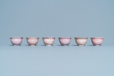 Six Chinese famille rose lotus-molded cups and saucers, Yongzheng