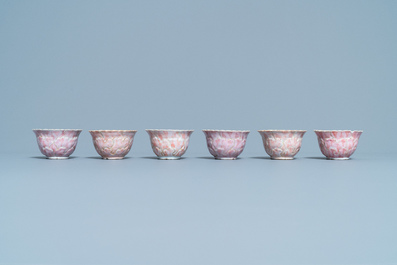 Six Chinese famille rose lotus-molded cups and saucers, Yongzheng