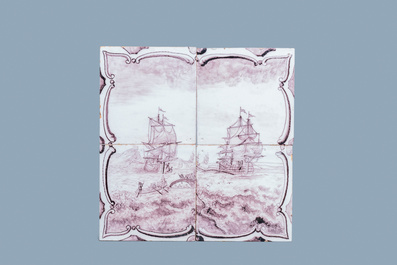 A pair of manganese Dutch Delft tile murals with a whale hunt and a deer hunt, 18th C.