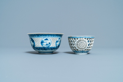 A Chinese blue and white reticulated bowl and a double-walled cup, Transitional period and Kangxi