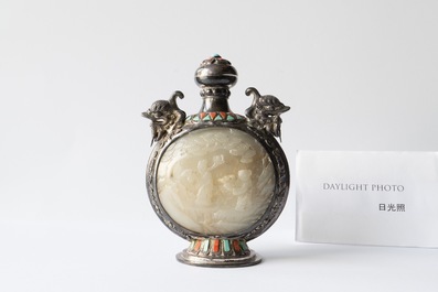 A Chinese jade-, coral- and turquoise-inlaid silver snuff bottle, 19th C.