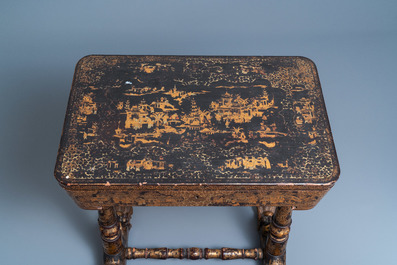 A Chinese parcel-gilt black lacquer sewing table with accessories, Canton, 19th C.