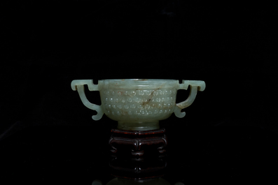 A Chinese jade two-handled libation cup, Ming